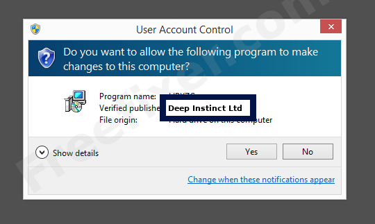 Screenshot where Deep Instinct Ltd appears as the verified publisher in the UAC dialog